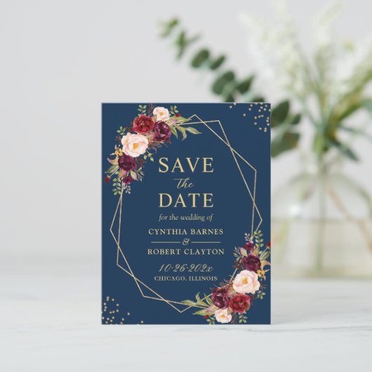 Goldenes geometrisches Burgundy-Floral Save the Da Postkarte (Stehend Vorderseite)