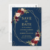 Goldenes geometrisches Burgundy-Floral Save the Da Postkarte (Vorne/Hinten)