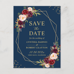 Goldenes geometrisches Burgundy-Floral Save the Da Postkarte