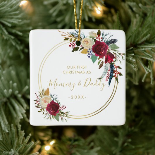 Goldenes geometrisches Foto Neue Eltern Erstes Wei Keramikornament (Baum)