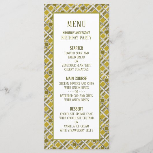 Goldenes geometrisches Muster, moderne Geburtstags Menükarte (Vorderseite)