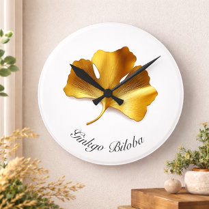 Goldenes Ginkgo-Blatt - Symbol für Langlebigkeit u Runde Wanduhr