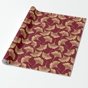 Goldenes Ginkgoblatt-Muster in Burgund für Botanik Geschenkpapier