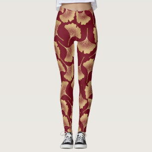 Goldenes Ginkgoblatt-Muster in Burgund für Botanik Leggings