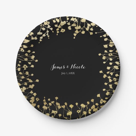 Goldenes Gipskraut Blumen Elegantes Schwarzes Meer Pappteller (Vorderseite)