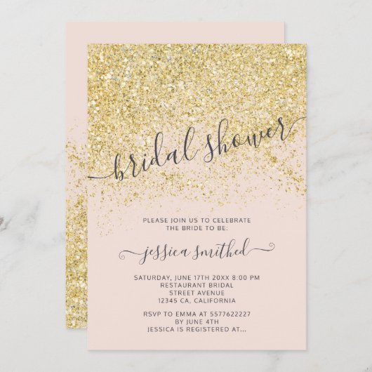 Goldenes Glitzer-Brautparty in Rosa Einladung (Vorne/Hinten)