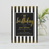 Goldenes Glitzer-Drehbuch für das Schwarze benutze Einladung (Stehend Vorderseite)