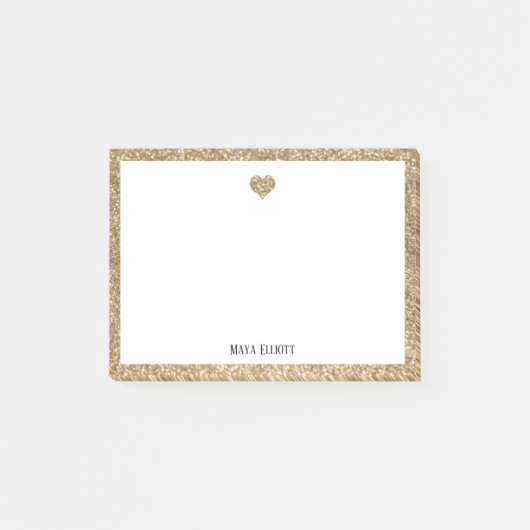 Goldenes Glitzer Herz und Border mit Weiß Post-it Klebezettel (Vorderseite)