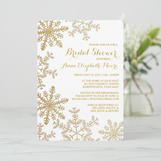 Goldenes Glitzer Schneeflocken Winter Brautparty Einladung (Stehend Vorderseite)