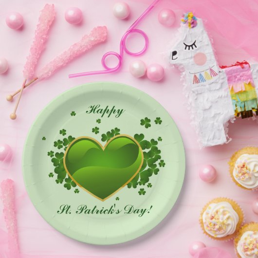 Goldenes grünes Herz mit Kleeblättern Pappteller (Party)