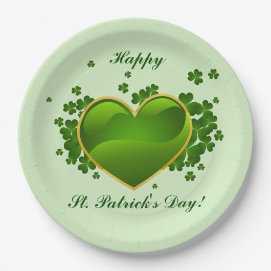 Goldenes grünes Herz mit Kleeblättern Pappteller (Vorderseite)