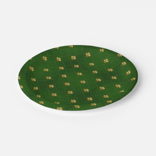 Goldenes grünes Klee-Muster Pappteller (Schrägansicht)
