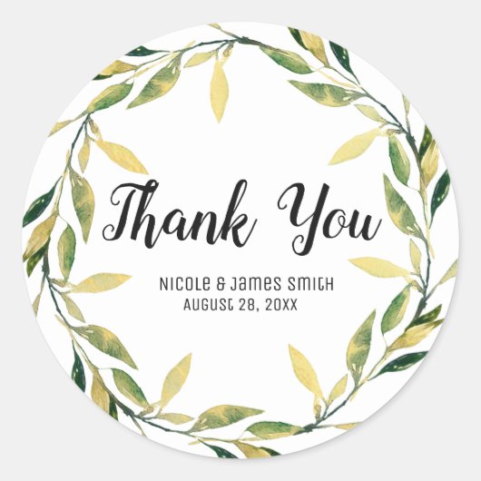 Goldenes grünes Leaf-Wreath Rustikale Hochzeit Runder Aufkleber (Vorderseite)
