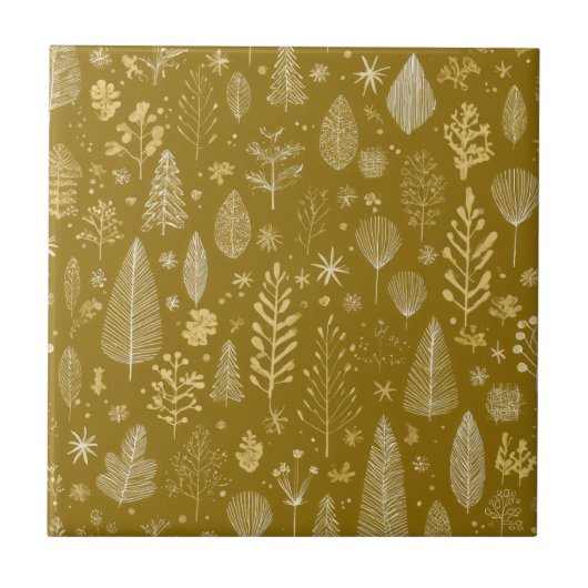 Goldenes Herbst-Weihnachts-Botanikmuster Fliese (Vorderseite)