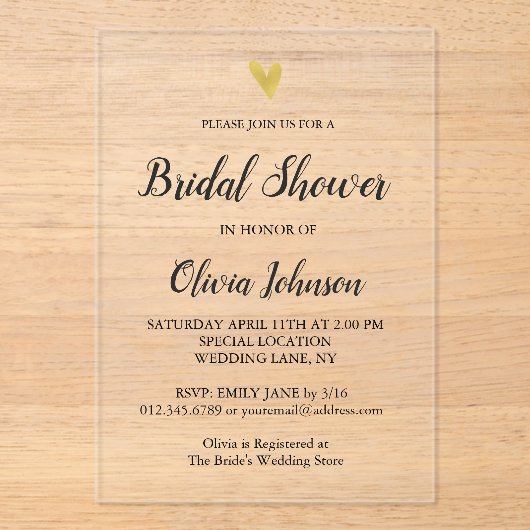 Goldenes Herz Elegantes Brautparty Acryleinladungen (Vorderseite)