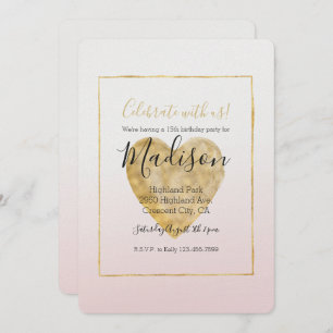 Goldenes Herz Rosa Ombre Geburtstag Einladung
