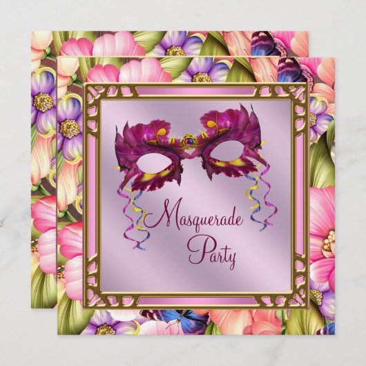 Goldenes Hot Pink Lila Mask Masquerade Party Einladung (Vorne/Hinten)