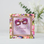 Goldenes Hot Pink Lila Mask Masquerade Party Einladung (Stehend Vorderseite)