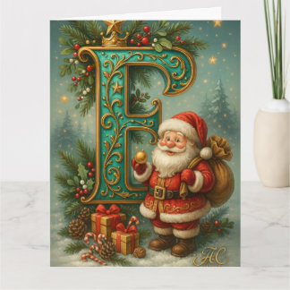 Goldenes Initial E mit Weihnachtsmann und Krone Karte