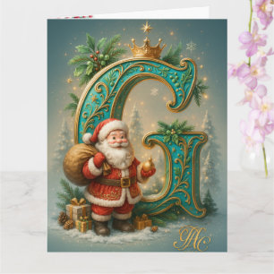 Goldenes Initial G mit Weihnachtsmann und Krone Karte