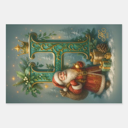 Goldenes Initial H mit Weihnachtsmann und Krone Geschenkpapier Set (Vorderseite 3)