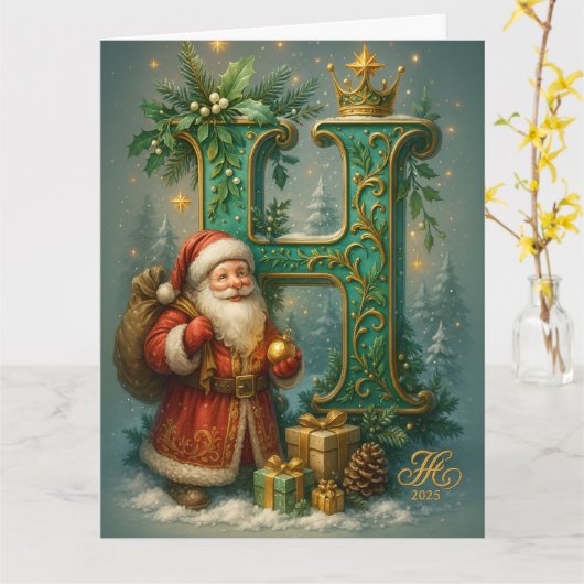 Goldenes Initial H mit Weihnachtsmann und Krone Karte (Gelbe Blume)