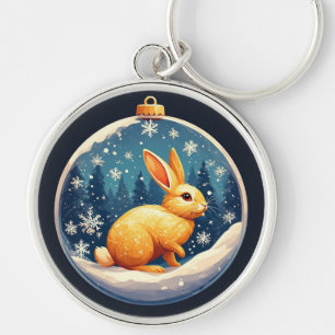 Goldenes Kaninchen in einer festlichen Schneekugel Schlüsselanhänger