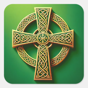 Goldenes Keltisches Kreuz auf Grün Quadratischer Aufkleber