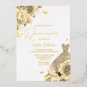 Goldenes Kleid & Blume Quinceanera Gold Folieneinladung (Vorderseite)