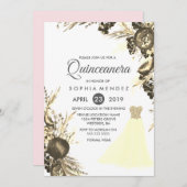 Goldenes Kleid Blütenbraun Quinceanera einladen Einladung (Vorne/Hinten)