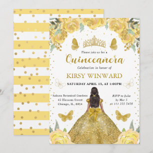 Goldenes Kleid Dunkle Haut Prinzessin Quinceanera Einladung