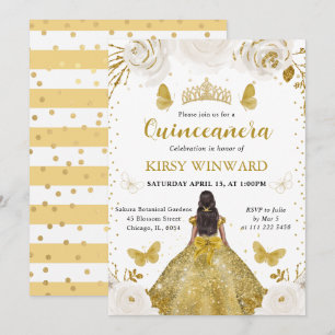 Goldenes Kleid Dunkle Haut Prinzessin Quinceanera Einladung