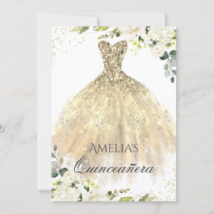 Goldenes Kleid Funkelnde Blumen Quinceanera Einlad Einladung