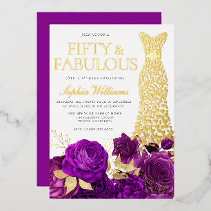 Goldenes Kleid Lila Blumen 50. Geburtstagsfeier Folieneinladung