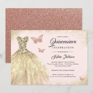 Goldenes Kleid Roségold Schmetterling Quinceanera Einladung