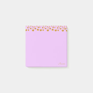 Goldenes Konfetti und Kalligrafie auf Violett Post-it Klebezettel