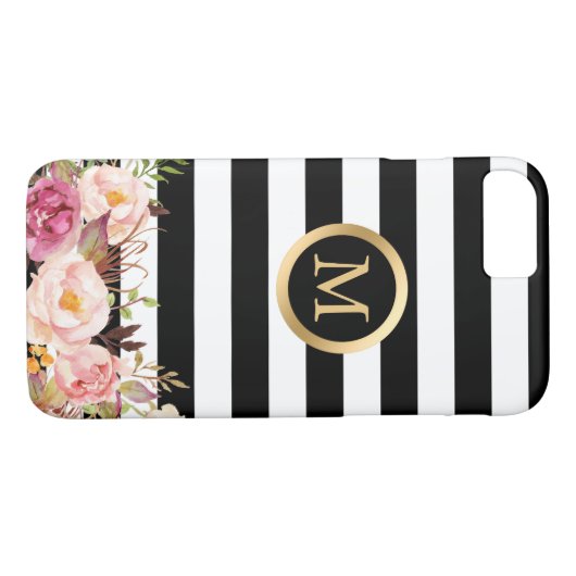 Goldenes Kreis-mit Blumenmonogramm-Schwarz-weißes Case-Mate iPhone Hülle (Rückseite (Horizontal))