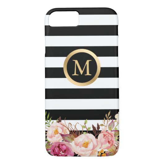 Goldenes Kreis-mit Blumenmonogramm-Schwarz-weißes Case-Mate iPhone Hülle (Rückseite)