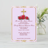 Goldenes Kreuz mit katholischen Rote Rosen Einladung (Stehend Vorderseite)