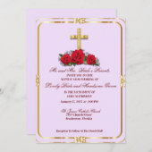 Goldenes Kreuz mit katholischen Rote Rosen Einladung (Vorne/Hinten)