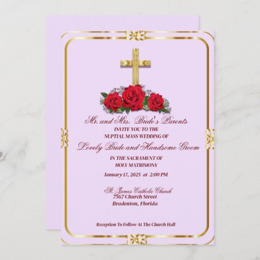 Goldenes Kreuz mit katholischen Rote Rosen Einladung (Vorne/Hinten)