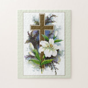 Goldenes Kreuz mit weißer Blume Puzzle