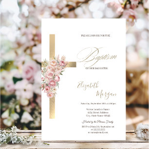 Goldenes Kreuz rosa Blumen Taufe Glitter Konfetti Einladung