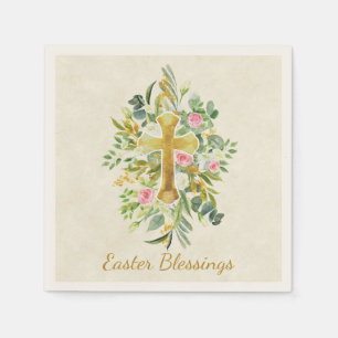 Goldenes Kreuz und rosa Rosen, individuelle Ostern Serviette