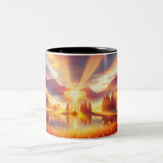 Goldenes Kreuz unter einem herrlichen Sonnenaufgan Zweifarbige Tasse