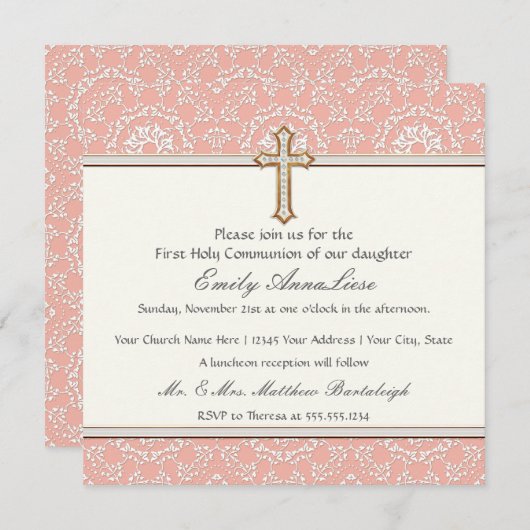 Goldenes Kreuzmädchen Einladung (Vorne/Hinten)