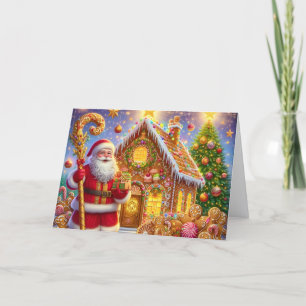 Goldenes Lebkuchenhäuschen mit Weihnachtsmann Weih Feiertagskarte