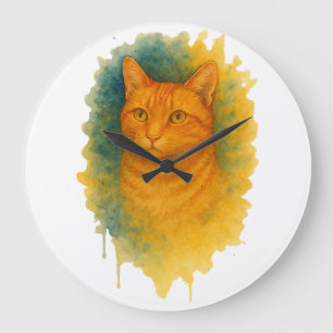 Goldenes Licht: T - Shirt der Wasserfarbe Katze Große Wanduhr