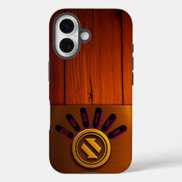 Goldenes Logo auf reichem Holz iPhone 16 Hülle