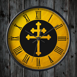 Goldenes Lothringerkreuz auf Schwarz / Christlich  Runde Wanduhr